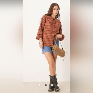 GLAMOROUS Red Brown Check Plaid Cottage Western Oversized Smock Blouse 4 NEW